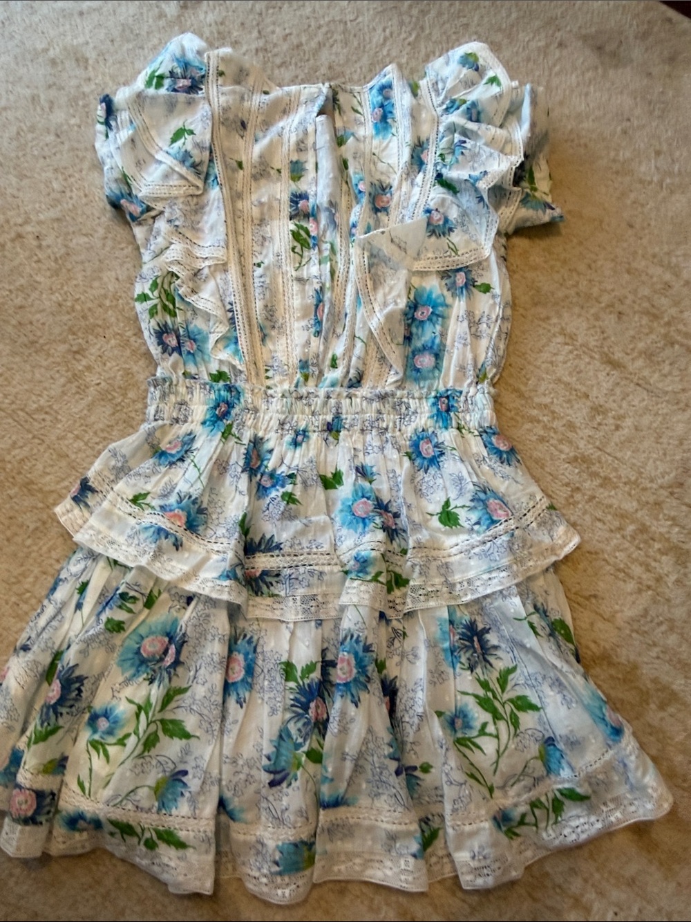 LoveShackFancy White Mini Dress with Blue Floral Print and Green Leaf Accents - Picture 7 of 8